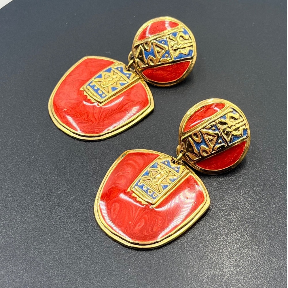 Edgar Berebi Vintage Signed 1980s Red & Blue Enamel Geometric‎ Clip On Earrings